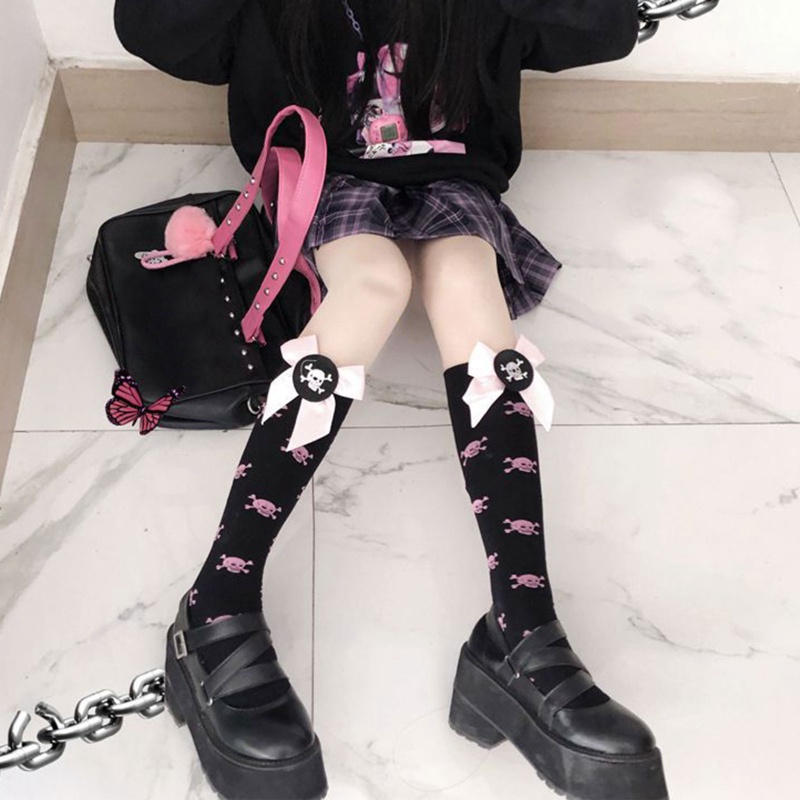 XIXI Tất Chân Cao Qua Gối In Hình Đầu Lâu Phong Cách Lolita Cho Nữ