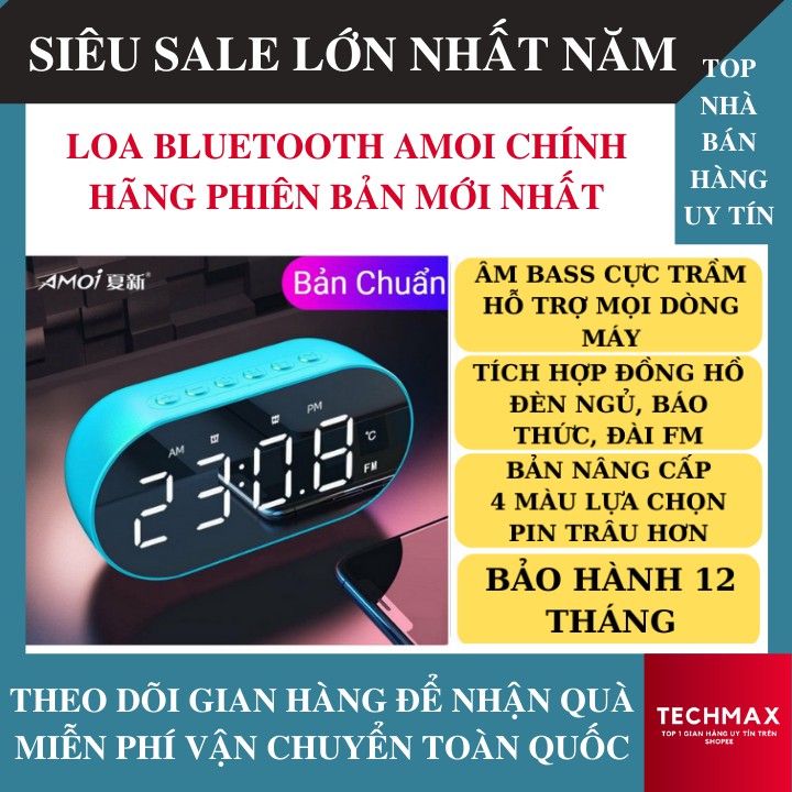 [ Sẵn 4 Màu ] Loa Bluetooth Mini Amoi Phiên Bản Mới Nhất Kiêm Đồng Hồ, Gương, Đo Nhiệt Độ, Đài FM - Loa Đồng Hồ