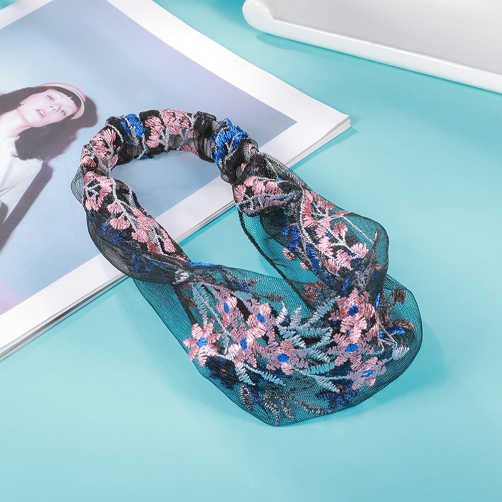 Băng đô bản rộng co giãn thêu hình hoa xinh xắn cho nữ