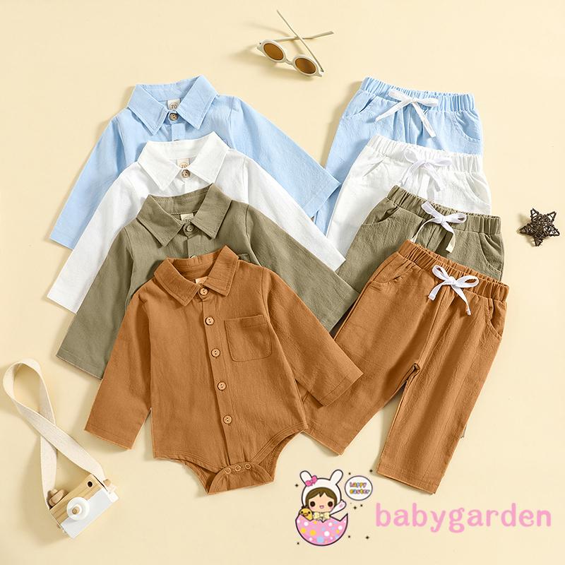 Set Đồ 2 Món Gồm Áo Sơ Mi Cài Khuy Tay Dài Cài Khuy + Quần Dài Lưng Thun Màu Trơn Cho Bé Trai 0-3 Tuổi