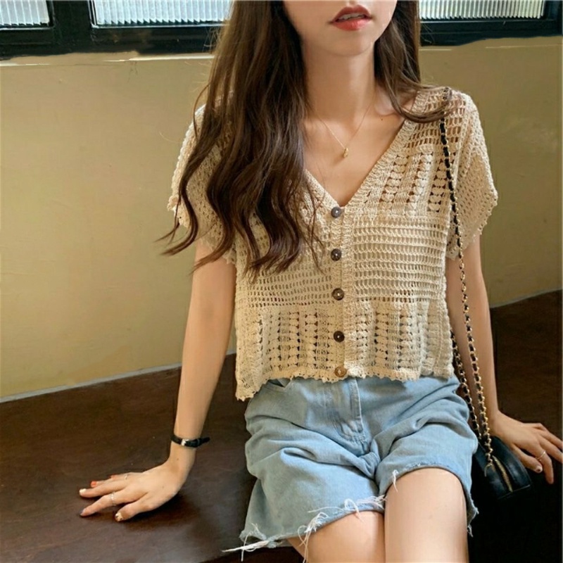 Áo Lửng Ngắn Tay Phối Ren Phong Cách Quyến Rũ Thanh Lịch Dành Cho Nữ