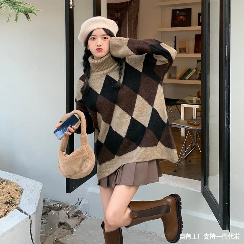 Áo len cổ lọ nữ, áo len nữ form rộng cổ lọ họa tiết hình thoi hàng loại 1 chất len mềm mịn tông màu xinh style hàn quốc | BigBuy360 - bigbuy360.vn