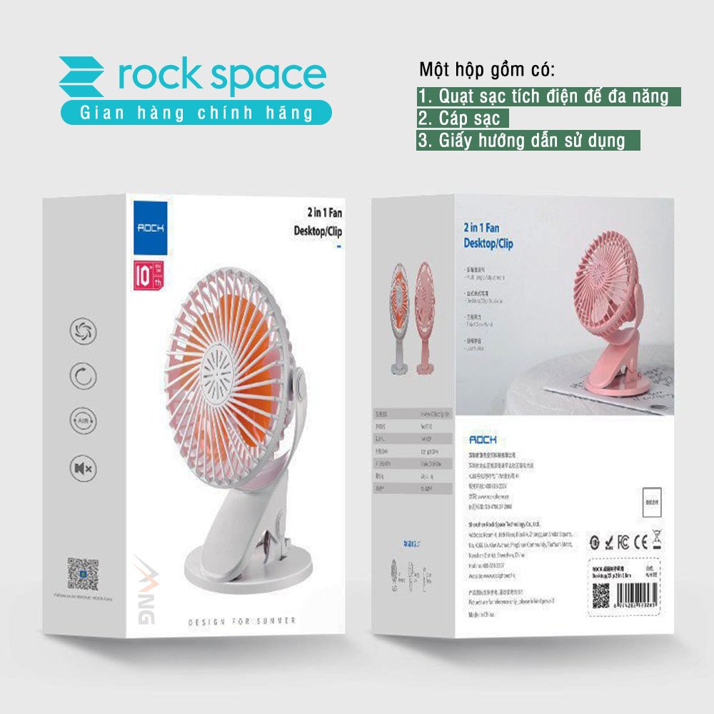 Quạt mini tích điện để bàn cầm tay Rockspace, quạt kẹp bàn dùng liên tục đến 3h- Hàng chính hãng bảo hành 12 tháng