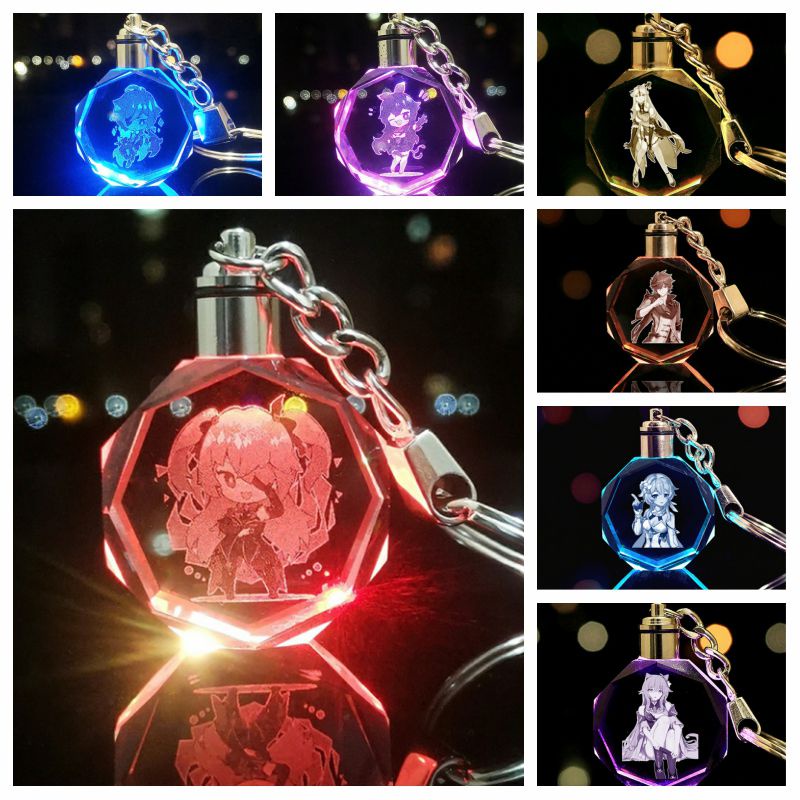 Mặt dây chuyền móc khóa pha lê LED đầy màu sắc họa tiết Genshin Impact Wendy Klee Keqing Qiqi 3 cm