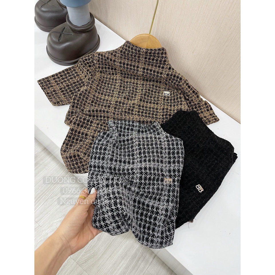 Áo nhũ kẻ cổ cao 3P dáng ôm ngắn tay, Áo kiểu cổ leo tag cài rời AN5211 - NhiNhi Shop