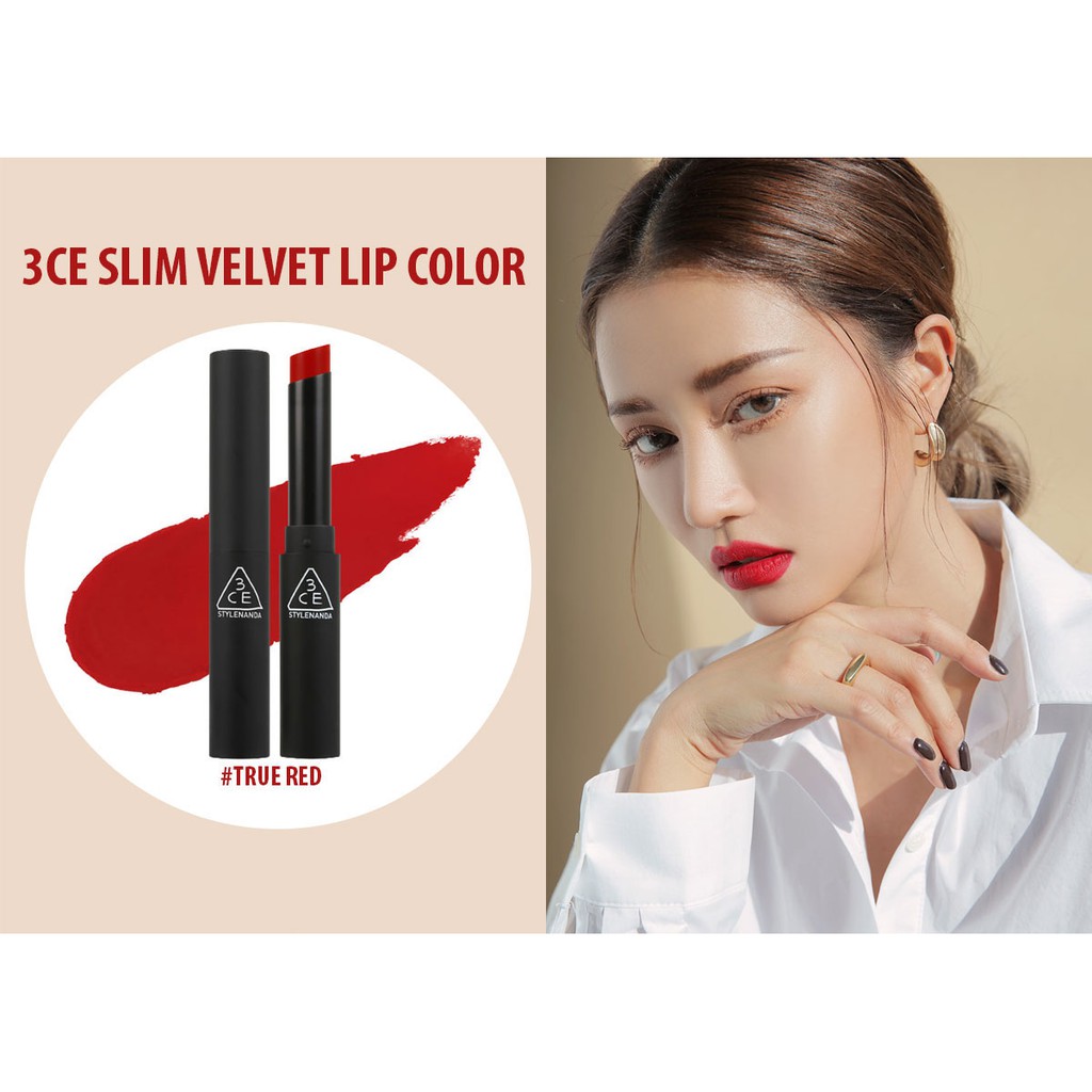 Son 3CE Slim Velvet Lipstick chất son mềm môi-lên màu chuẩn-nhiều tone xinh yêu mùa lễ hội
