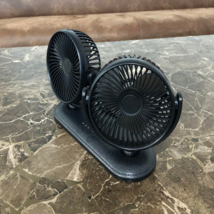 Sản Phẩm Quạt máy đôi mini xoay 360 độ, sử dụng trên ô tô và bàn làm việc (công suất 12W)-3 chế độ quạt, điều khiển riên