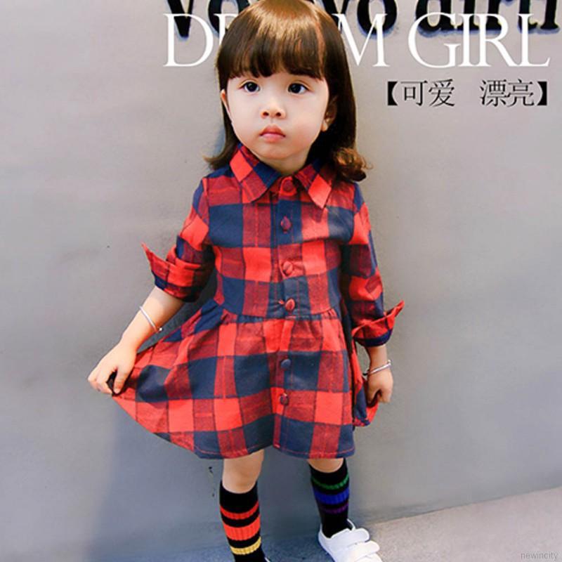 Đầm sơ mi sọc caro đỏ cho bé gái