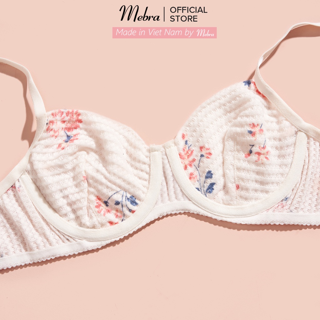 Bộ đồ lót nữ có gọng không đệm cotton 2 lớp thoáng khí kháng khuẩn màu be họa tiết hoa cup ngang Mebra S005