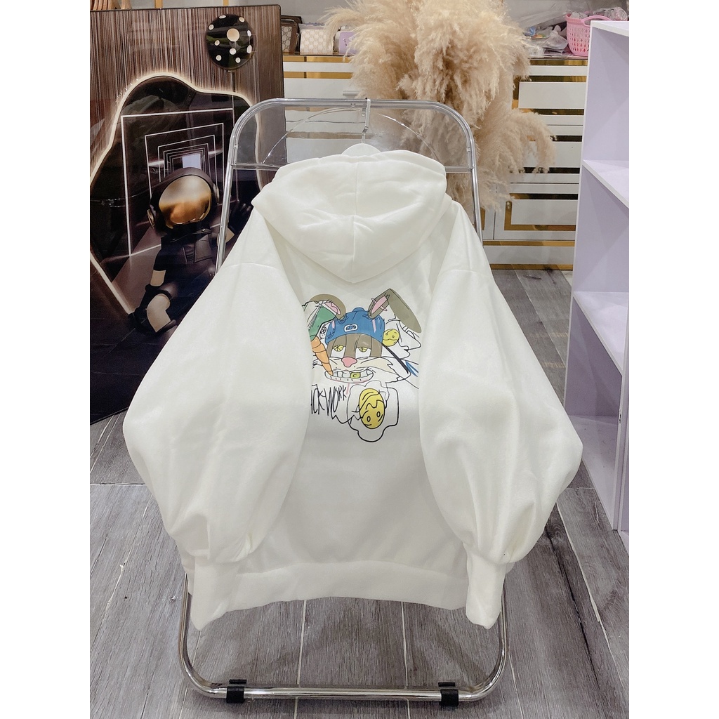 Hoodie Dáng Rộng Mũ To 2 Lớp Tay bồng hình Thỏ In 2 Mặt Nam nữ Unisex Basic