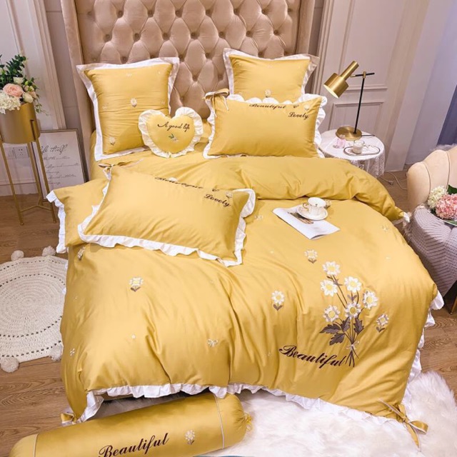 Bộ chăn ga Lụa cúc hoạ mi set 7 món