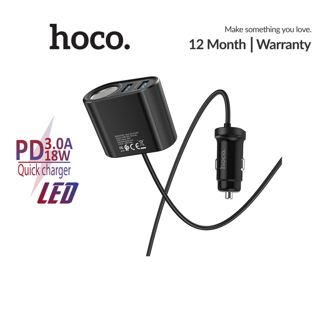 Bộ Tẩu sạc Hoco Z35 PD18W có 3 cổng USB+Type-C kèm dây sạc nhanh 1.2m tích hợp đèn Led dành cho xe o tô