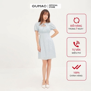 Đầm nữ ôm body GUMAC khoét cổ nhún ngực màu xanh DA1268