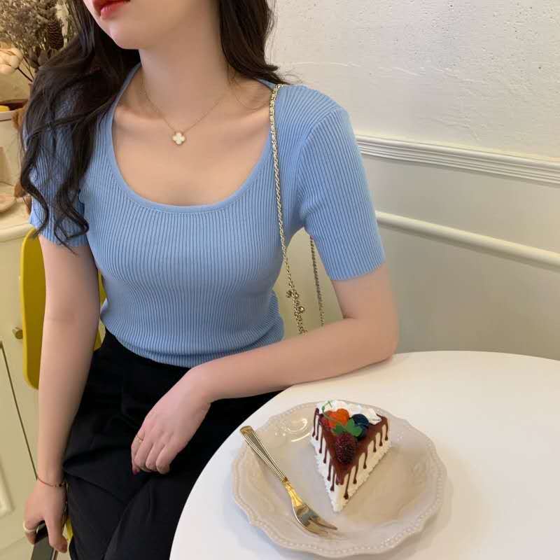 Áo Thun Tay Ngắn Cổ Vuông Bằng Lụa Lạnh Thời Trang 2023 Cho Nữ