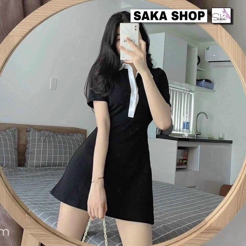 Đầm xoè nữ cổ sơ mi phố màu trắng dễ thương