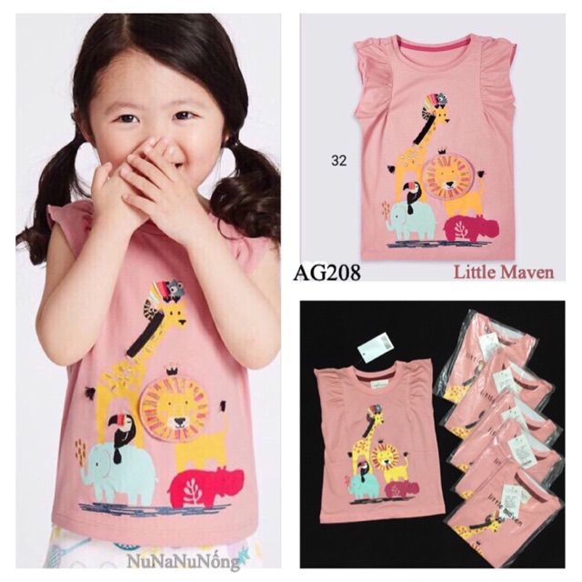 18m-6T: Áo thun hè Little Maven bé gái Hươu-Voi-Sư tử-Tê giác
