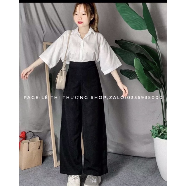 Set Bộ Quần Ống Suông Đen + Áo Sơ Mi Kate Tay Ngắn Lỡ Trắng Cực Xinh Xắn 55kg Trở Xuống