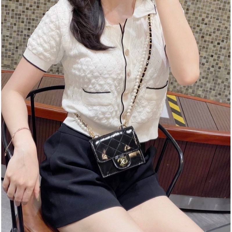 Túi mini đeo chéo CN logo x, hai dây xích và dây ngọc (hàng chuẩn ảnh)