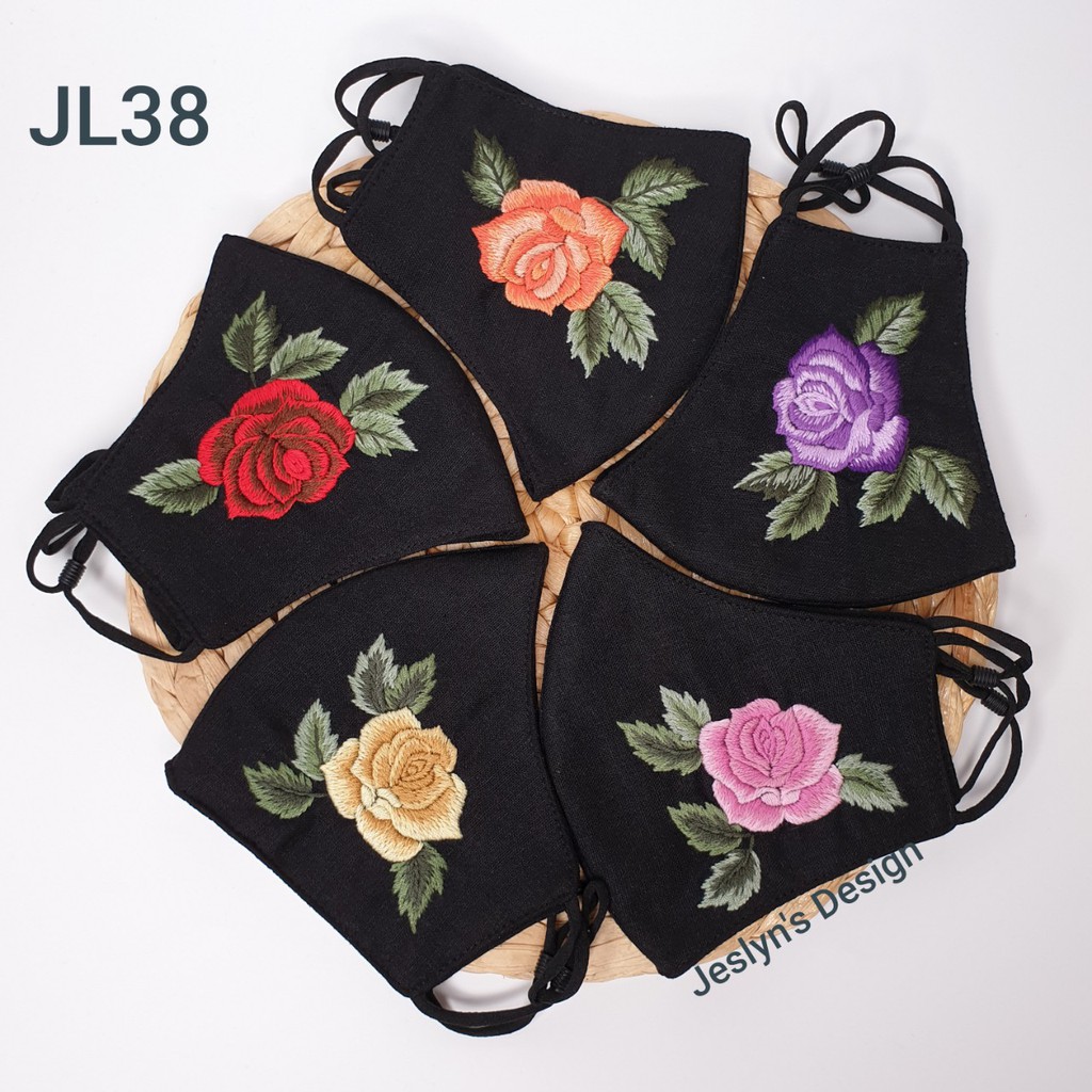 Khẩu trang thêu tay vải linen hình hoa Hồng JL38