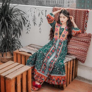 (CÓ SẴN) Váy suông xanh viền cam cổ thêu bạc