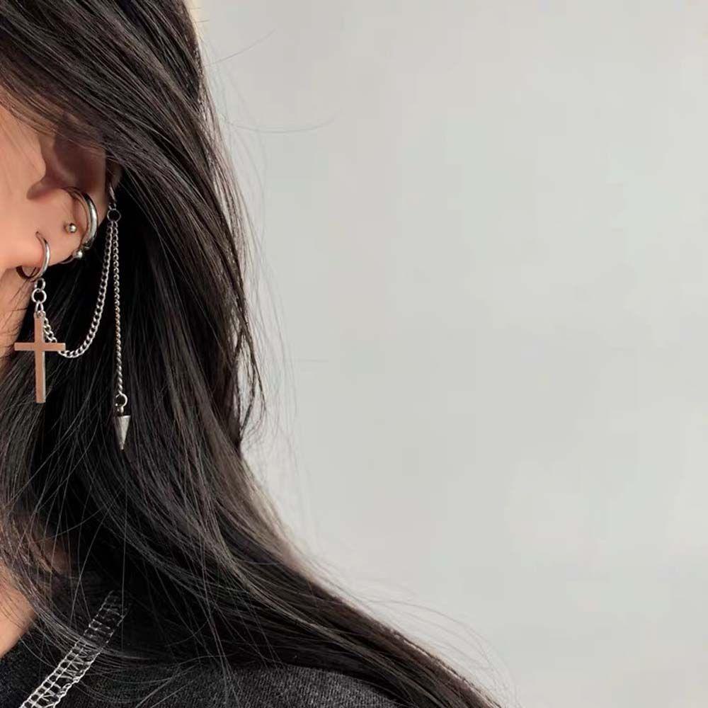 Bông Tai Dạng Kẹp Hình Thánh Giá Bằng Thép Không Gỉ Phối Dây Xích Phong Cách Punk Hip Hop Cho Nam
