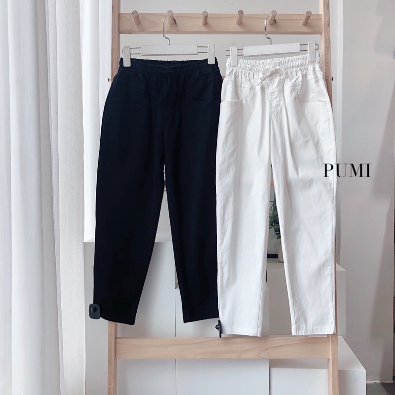 Quần dáng baggy ống suông nữ dây rút lưng thun chất kaki thun có độ co giãn tốt 3 size SML Pumi