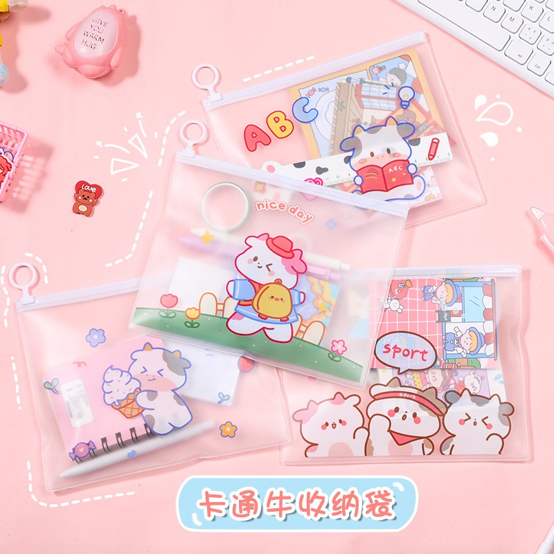 Túi đựng bút trong suốt đa năng hình Bò sữa cute
