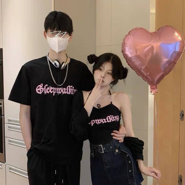 Set Áo Thun Tay Ngắn + Áo Hai Dây In Chữ Thời Trang Cho Cặp Đôi