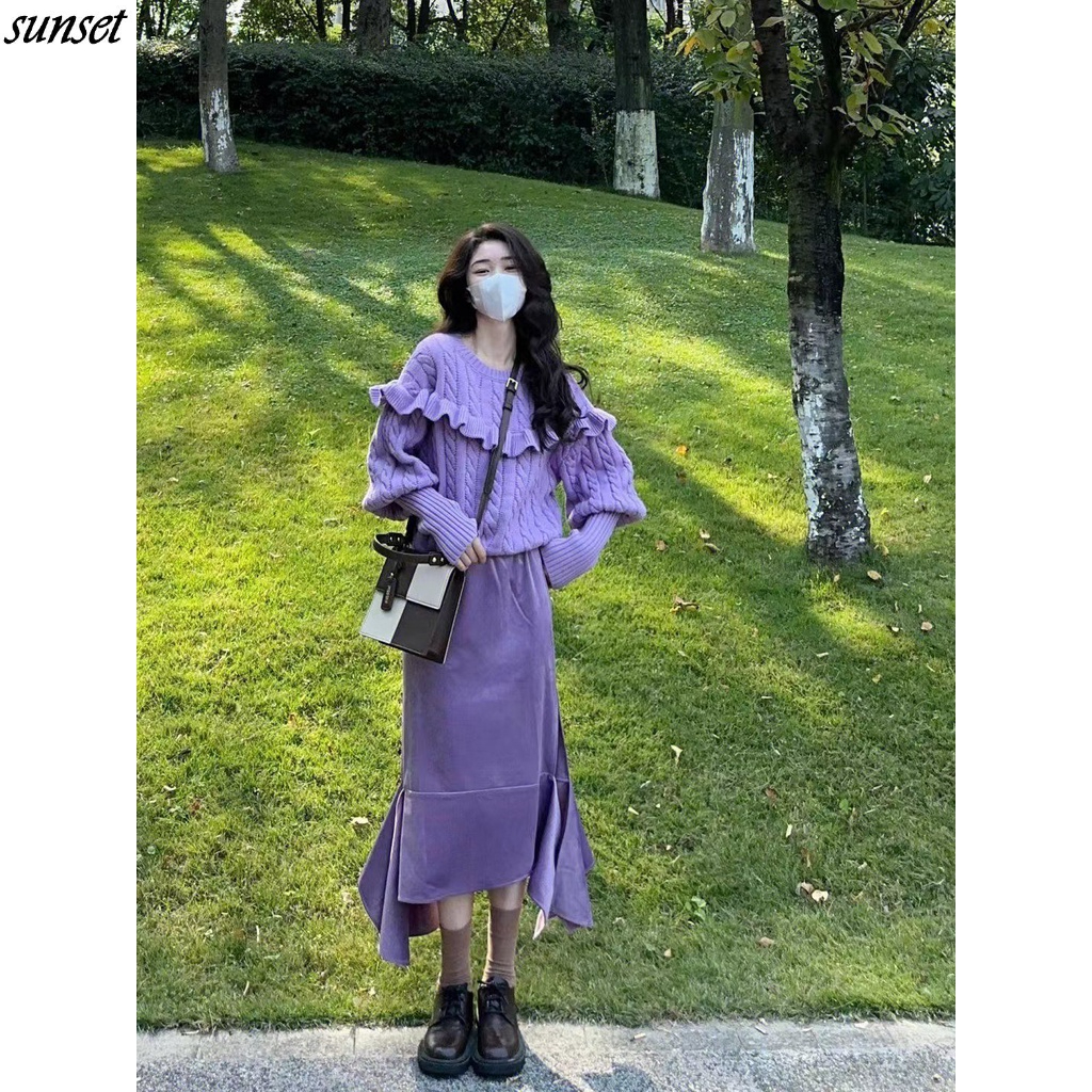 sunset Bộ Áo Sweater Mềm Mại Phối Bèo + Chân Váy Màu Tím Thời Trang Thu Đông Cho Nữ