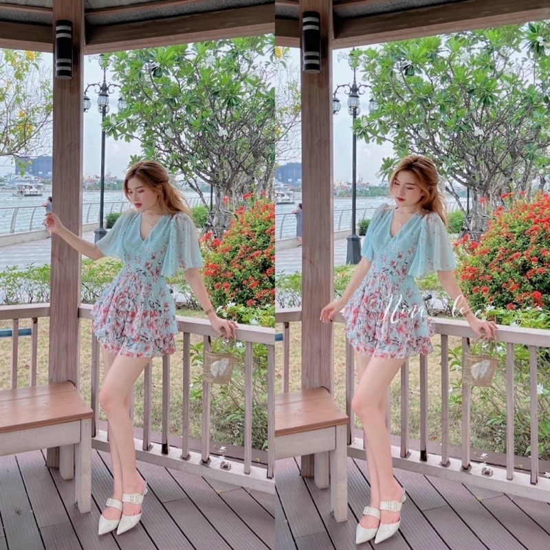 Váy đầm Nữ Dáng Xoè Cổ V Xếp Tầng In Hoạ Tiết, Chất liệu Voan Cao Cấp