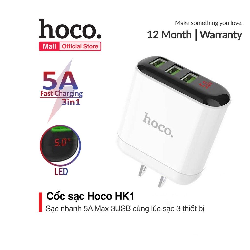 Củ sạc Hoco HK1 Sạc Cùng lúc 3 cổng USB Fast Charging 5V/5A Max Cho Smart phone - Table