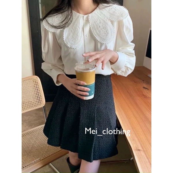 Áo Sơmi Cổ Lá Sen Phong Cách RETRO Hàn Quốc, sơ mi nữ dài tay