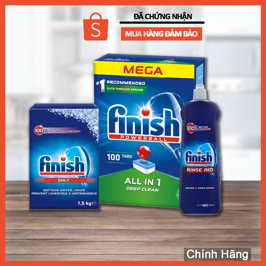 Combo: Finish dishwashing tablets All in one box 120 tablets + Salt 1.5kg + Finish Rinse Aid for Shinier 800ml