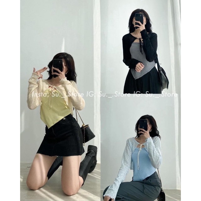 Set áo len khoác cardigan mỏng kiểu buộc nơ - màu pastel xinh iu - CÓ TÁCH RỜI
