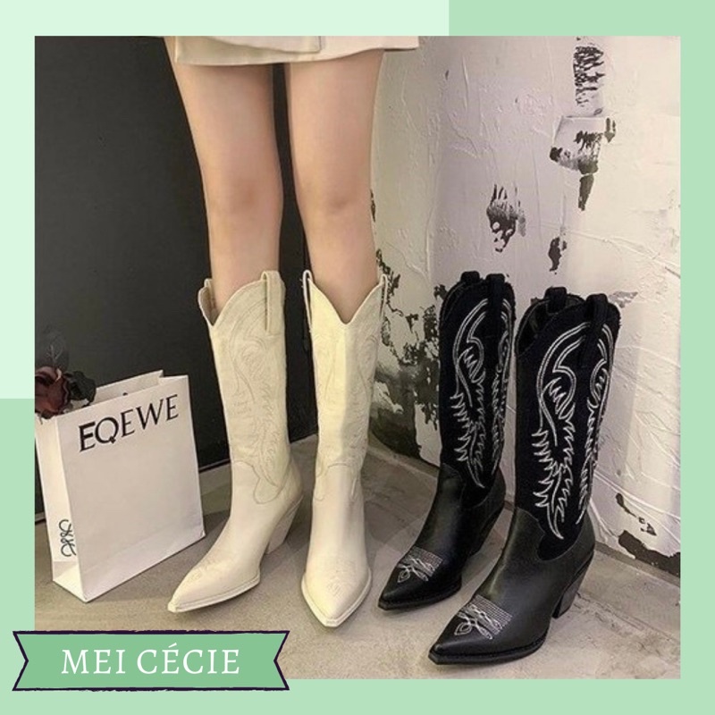 Giày boots cao bồi thêu họa tiết mũi nhọn (ảnh thật)