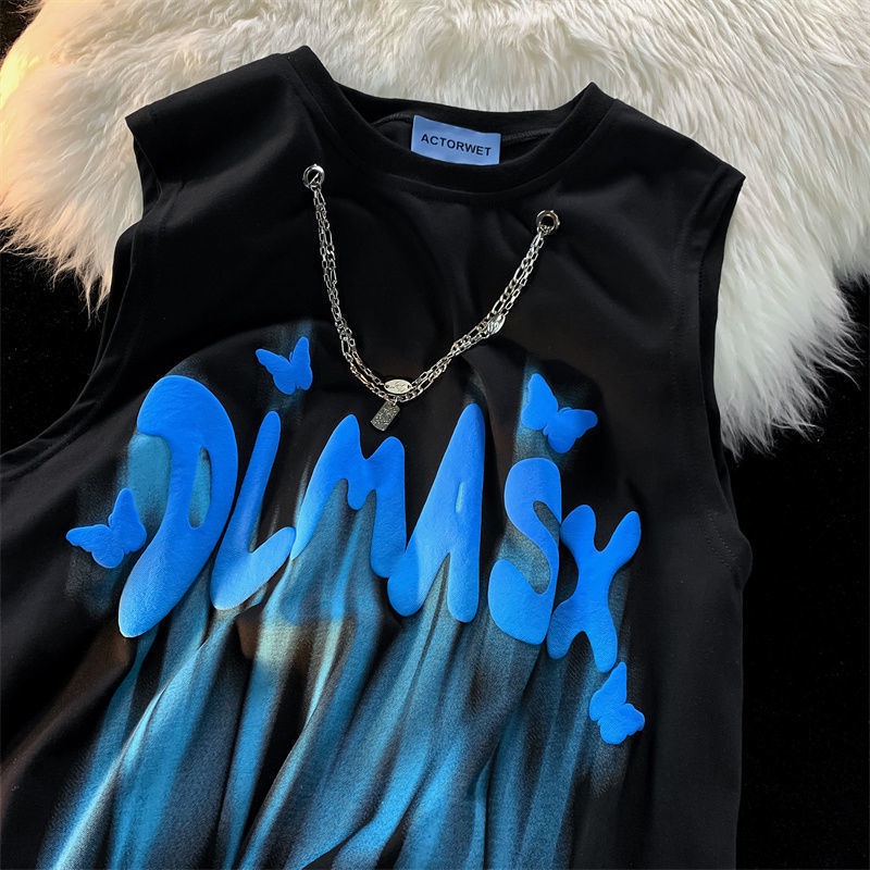 Jiashucheng Áo Thun Sát Nách Dáng Rộng In Chữ Graffiti Đường Phố Mỹ Thời Trang Mùa Hè Cho Các Cặp Đôi