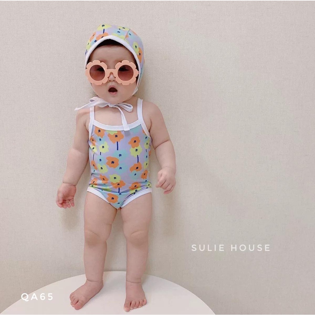 Bộ bơi body 2 dây kèm mũ hoa nhí - QA65