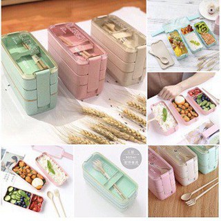 HỘP ĐỰNG CƠM 3 TẦNG LÚA MẠCH TẶNG THÌA, DĨA, ĐŨA