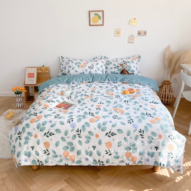 [VẢI SIÊU ĐẸP] BỘ CHĂN GA GỐI COTON POLY MẪU CÀNH CAM GA XANH LÁ XINH XẮN DRAP GIƯỜNG | BigBuy360 - bigbuy360.vn