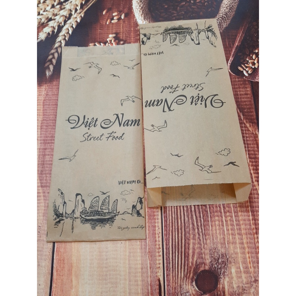100 Túi Giấy "Ẩm Thực Đường Phố Việt"  Đựng Bánh Mì & Các loại bánh... (Giấy Thực Phẩm Kraft - ĐL: 40gms)
