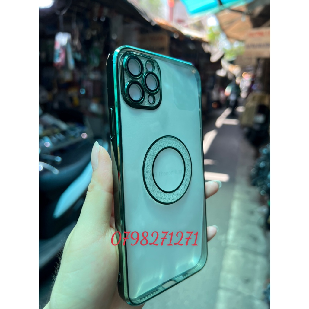 Ốp lưng dẻo trong viền vuông màu CÓ LỚP KÍNH bảo vệ Camera iPhone 11 12 13 pro max đính đá chìm