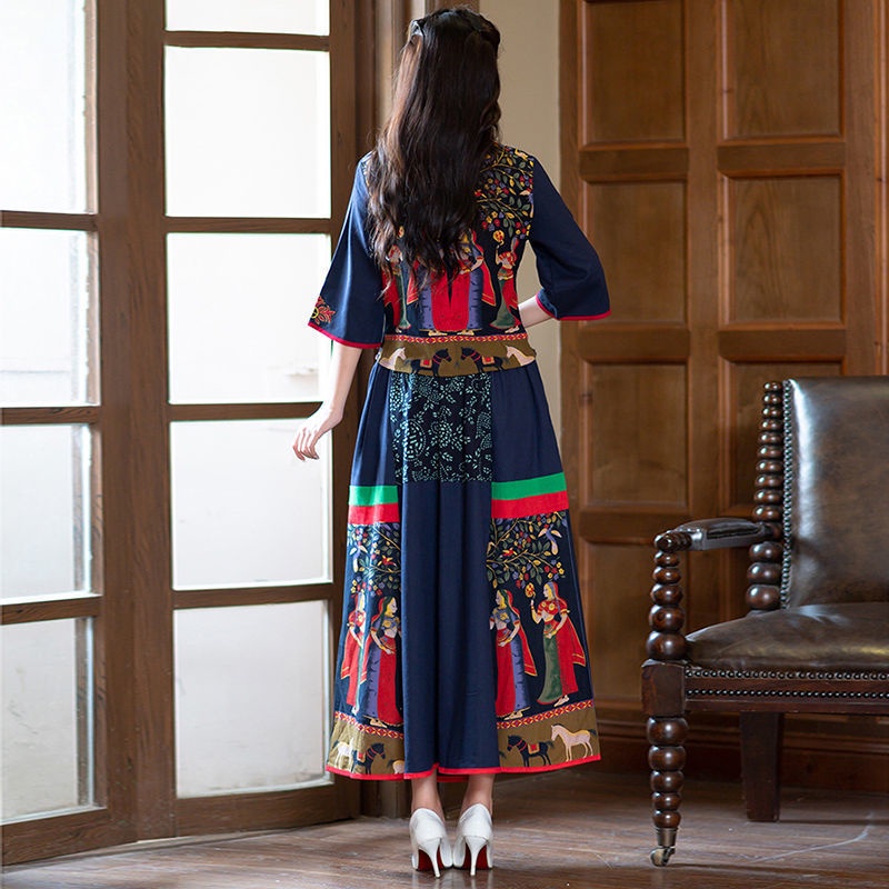 Bộ Áo Cotton Lanh Cổ Đứng + Chân Váy Thêu Họa Tiết Dân Tộc Retro Thời Trang Xuân Thu