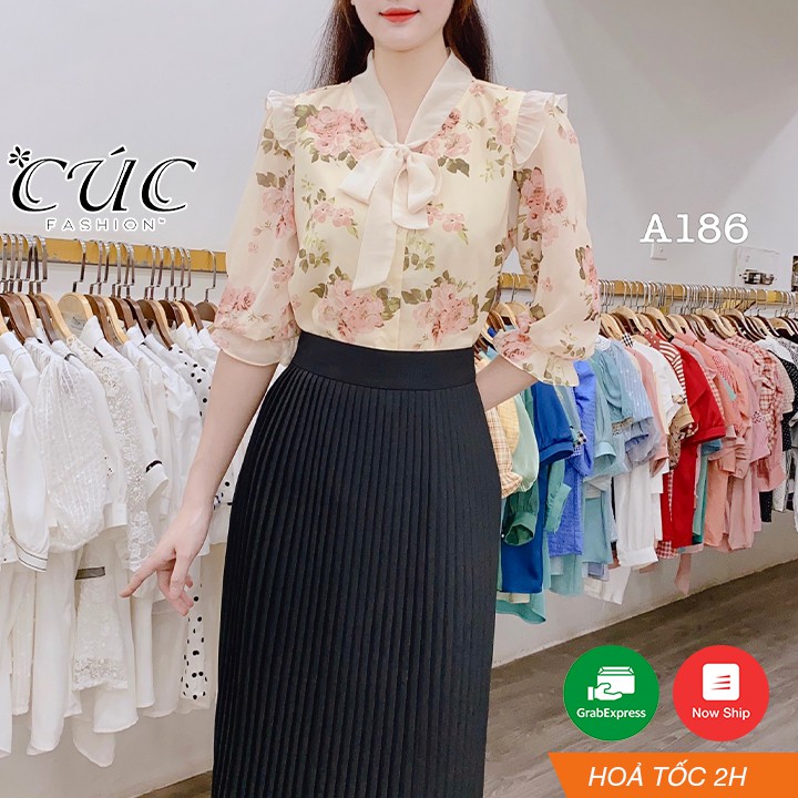 Áo sơ mi nữ CÚC FASHION somi tay ngắn cao cấp lụa đẹp kiểu họa tiết hoa đỏ vàng xanh công sở áo tơ ép hoa cổ sen A1109