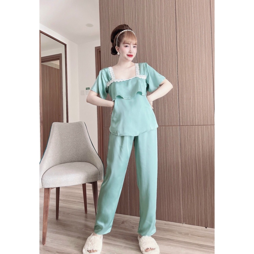 Bộ Đồ Ngủ Lụa Tay Ngắn Quần Dài ,Pijama Lụa phối ren , Đồ Bộ Mặc Nhà Lụa Trơn đa dạng màu sắc