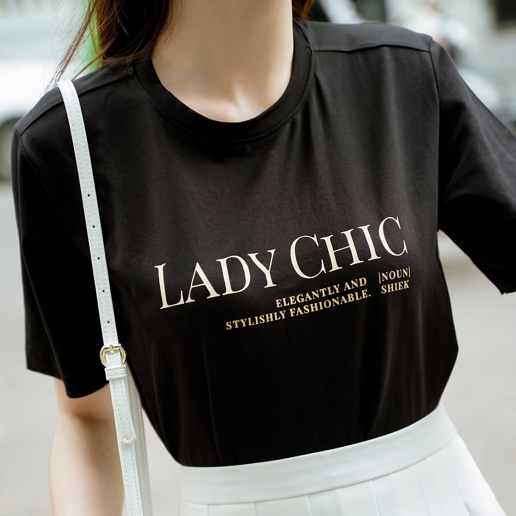 Áo thun tay lỡ Méo shop phông nữ cổ tròn cotton in chữ Lady Chic freesize form rộng | WebRaoVat - webraovat.net.vn