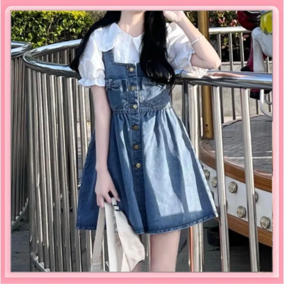 💥Bộ Áo Sơ Mi Denim Đính Nơ Phối Đầm Yếm Kiểu Hàn Quốc Dễ Phối Đồ Cho Nữ Sinh