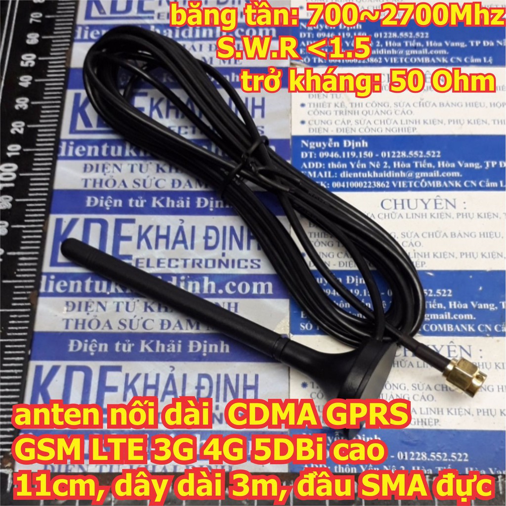 anten nối dài CDMA GPRS GSM LTE 3G 4G 5DBi cao 11cm, dây dài 3m, đầu SMA đực kde6101
