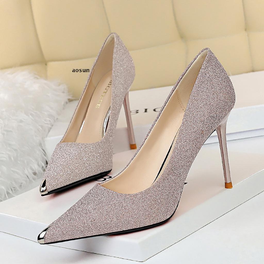 【aos】 Womens Glitter Stilettos Classic Pointed Toe Dress Pump Shoes .