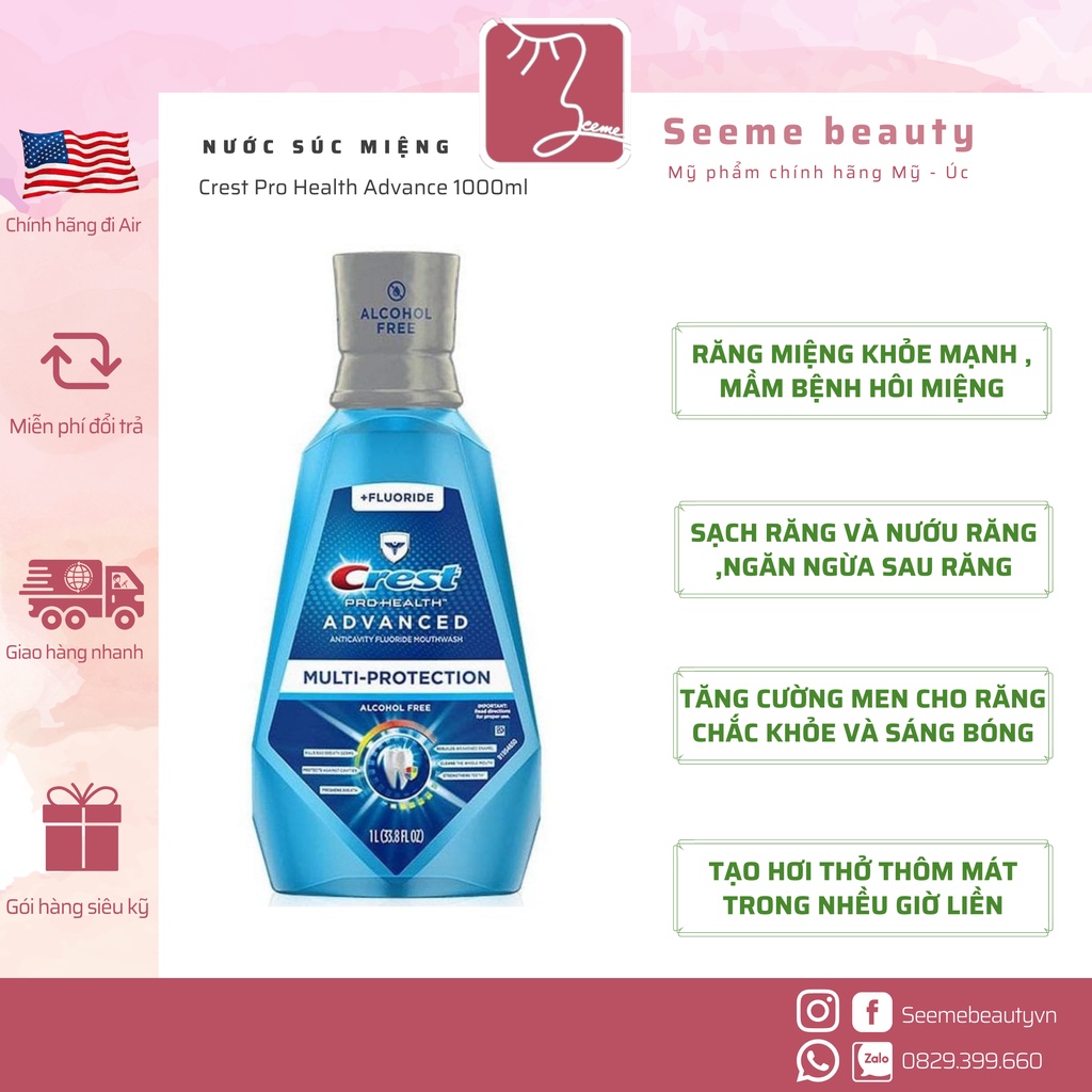 Nước Súc Miệng Crest Pro Health Advance 1000ml Vệ Sinh Trắng Răng Miệng Thơm Mát SeeMe beauty