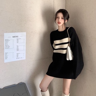 Áo len dài tay nữ dáng dài kẻ ngang nữ oversize ulzzang phong cách giấu quần